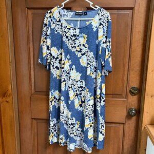 Nina Leonard Blue and Yellow Floral Midi Dress Size XL